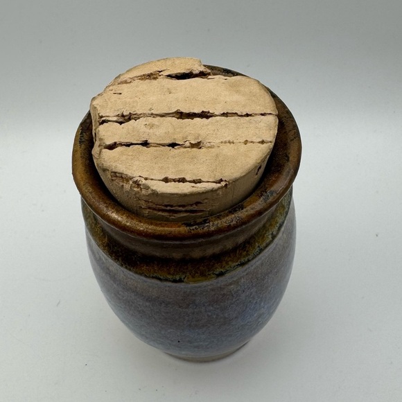 Small Pottery Crock with Cork Stopper Stoneware Handmade Signed 4” Purple Art - Picture 2 of 5